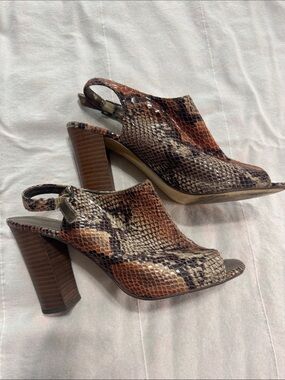 Bandalino Snake-Print Peep-Toe Slingback Heels in Brown